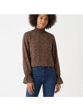 Twik Par Simons Black Floral Long Sleeve Smocked High Neck Top Women Size XS